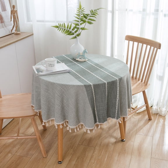 Nvzi Table Cloth Tassel Cotton Linen Table Cover for Kitchen Dinning Wrinkle Free Table Cloths (Grey Lines, 60in Round)