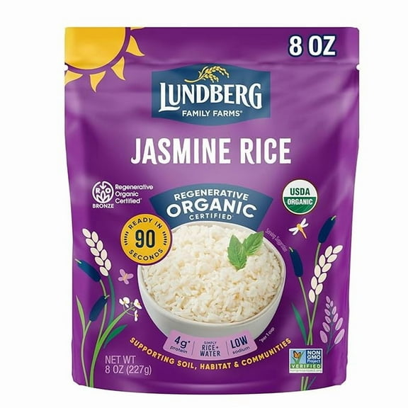 Lundberg Jasmine Rice, Long Grain White Rice - Non-Sticky, Fluffy Aromatic Rice, Sustainably Grown in California, Regenerative Organic Certified, 8 Oz