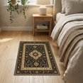 thumbnail image 3 of ODIKA 2'x3' Washable Throw Rug Non-Slip, Low Profile, Flatwoven, Easy Care Black Gold Elegance with Floral Vine Motifs Intricate Border Design, Central Medallion for Hallway, Study Room, 3 of 7