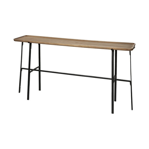 rectangular light brown raised edge mango wood finish console table with black metal frame and base