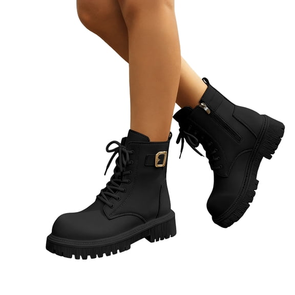 Combat Boots Womens Trendy Buckle Lug Sole Furry Lined Winter Booties Lace up Side Zipper Waterproof Leather Cold Weather Ankle Boots Black Size 6