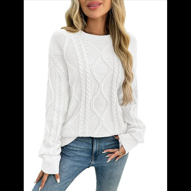 Chandails à Col Rond en Tricot Torsadé Surdimensionné pour Femmes Blanc m