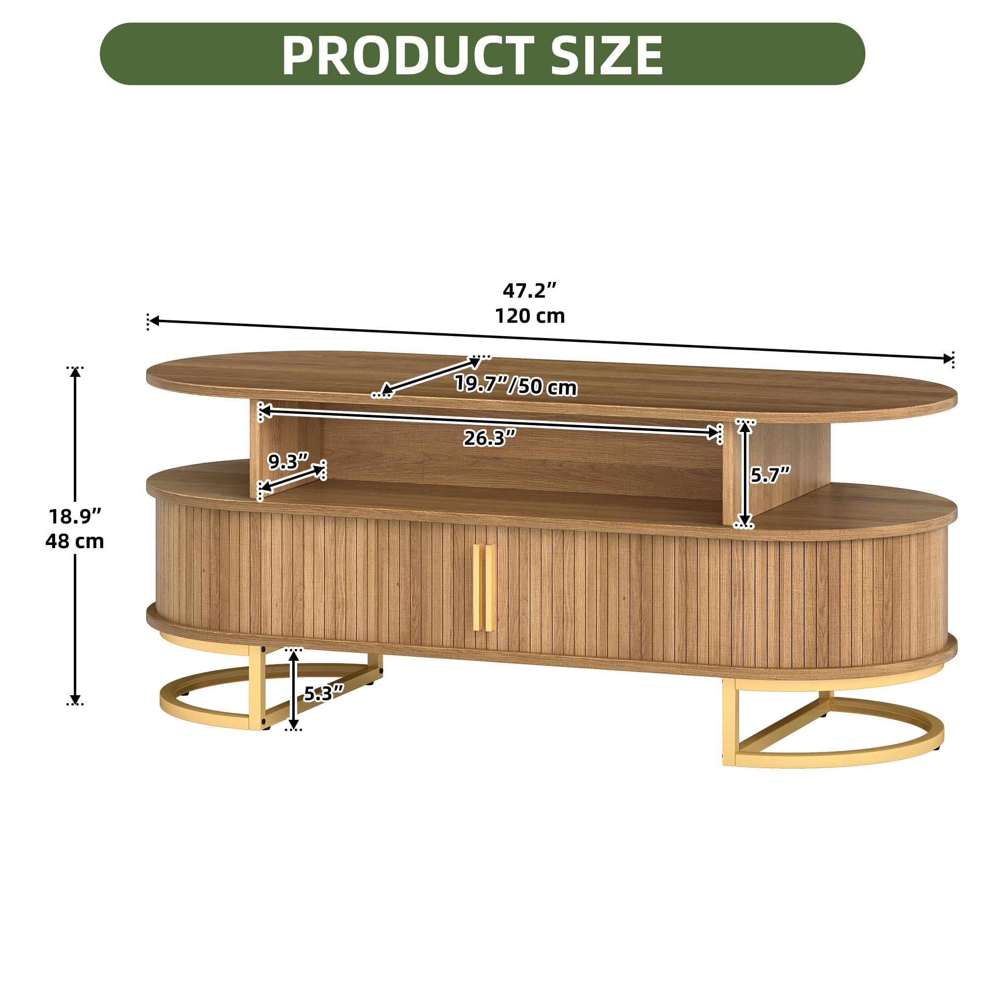 Uforic Oval Coffee Table with Storage & Fluted Sliding Doors for Living Room, Oak