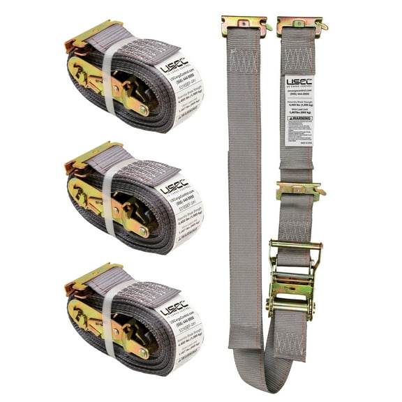 US Cargo Control Double-Fitted E Track Ratchet Straps (4 Pack), 2 Inch x 16 Foot Heavy Duty Gray E Track Straps with 3 Spring E-Fitting Tie Down, 1,467 lbs. Working Load Limit, Logistic Ratchet Straps