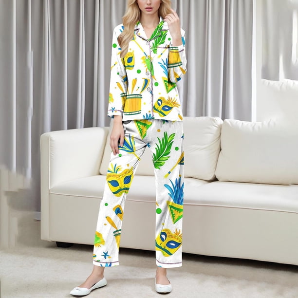 RKSTN Women's Carnival Pajamas Sets Oversized Lapel Mardi Gras Print Button Long Sleeve Sleepwear T Shirt and Pjs Pant 2 Piece Matching Set Casual Turndown Plus Size Pajama and Pants Loungewear Set