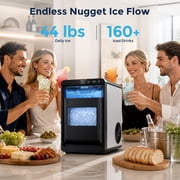 Snowyermine Nugget Ice Maker Countertop, 44 lbs per Day, Soft, Chewable Sonic-Style Pebble Ice, One-Touch Self-Cleaning, Stainless Steel, Black, for Home, Kitchen, Office, RV and Camping