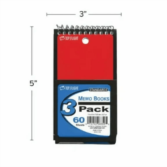 Top Flight Standards® Memo Book, Top Wirebound, 3" x 5", 60 Sheets, 3 Pack of Assorted Cover Colors