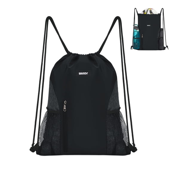 WANDF Drawstring Bag for Men Women,Drawstring Backpack,String Backpack with Mesh Pockets,Waterproof Sports Gym Bag ,Large Athletic Sackpack for Beach,Swimming,Cycling(Black)