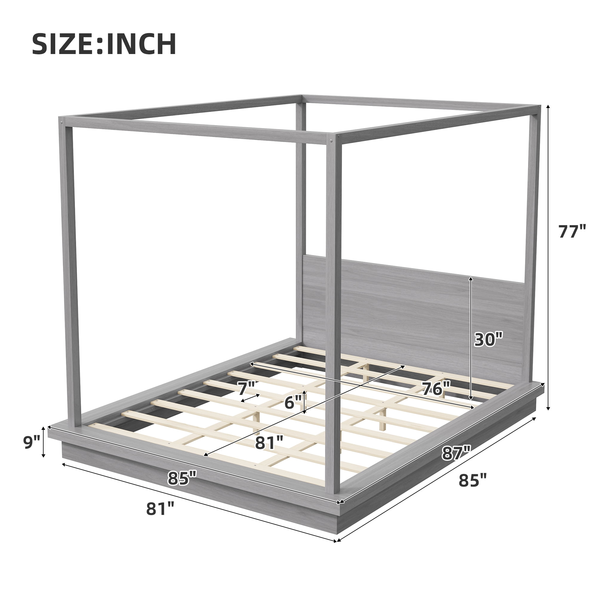 Euroco Wood King Size Canopy Bed, Four Poster Platform Bed, No Box Spring Needed, Gray