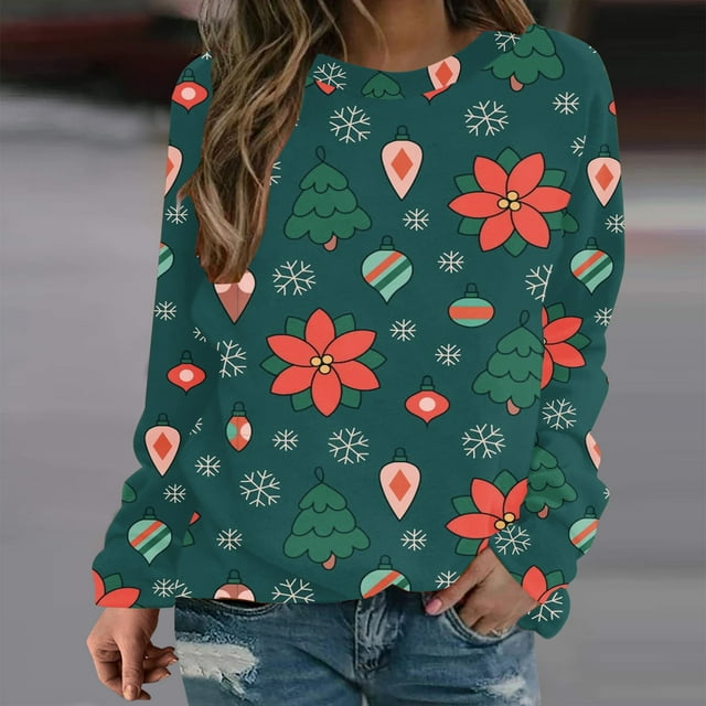 2023 Chandail en Molleton de Noël pour Femmes en Solde Mode Imprimé Manches Confortable Respirant Col Rond Chandail en Molleton