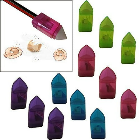 Mega Set Of 12 Crayon Shaped Pencil Sharpeners W/ Eraser - Cover & Receptacle For Dirt Shaving - Pink, Blue, Green, and Purple - Perfect Kids, Students, Girls Gift!