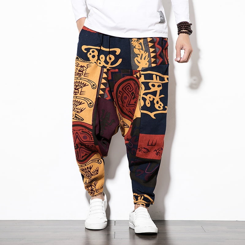 Mens Drawstring Casual Relaxed Fit Cotton Linen African Print Jogger Pants 