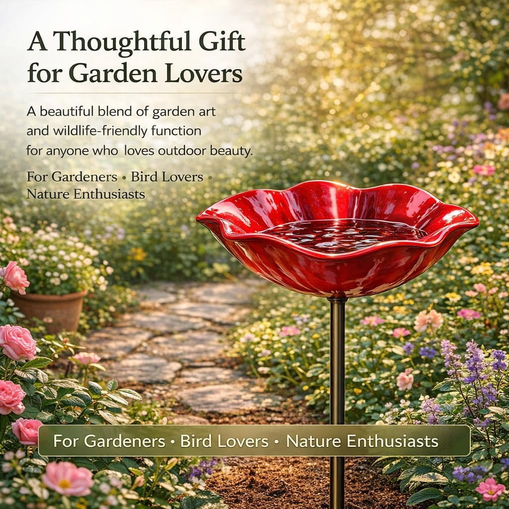 Handmade Metal Flower Garden Stake, with Bee Bath & Bird Water Bowl Decorative Outdoor Yard Art, Butterfly & Pollinator Watering Station, Weather-Resistant Decor Gift