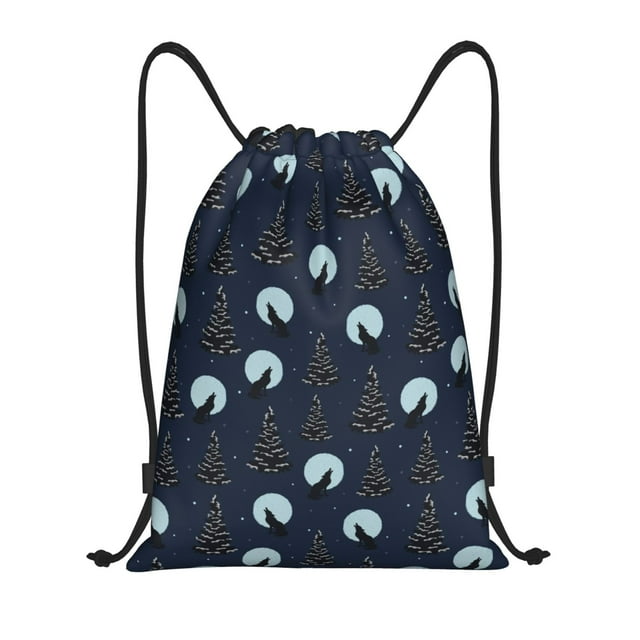 Saiise Night Forest Wolf Pattern Sports Drawstring Backpack - String Swim Gym Bag with Wet Proof Pocket for Women&Men-Medium