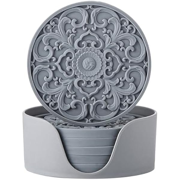 wonima44 Colinda Silicone Coasters - Set of 6 with Holder, Non-Slip Cup Mats for Hot and Cold Drinks, Decorative Designs, Gift Ready Packaging, Cool Grey