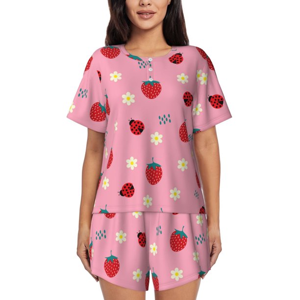 Fotbe Strawberry and Ladybugs Conjunto de Pijama Estampado para Mujer, 2 Piezas, Ropa de Dormir con Camiseta de Manga Corta y Shorts Suaves-Medium