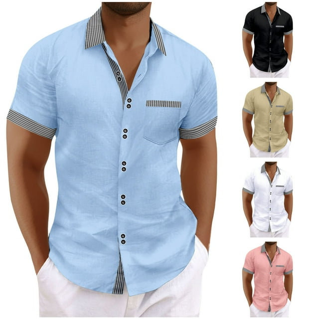 Hot6sl Économies d'Été Liquidation Chemisier & Chemise à Manches Courtes Col Rabattu, Mode Homme Chemisier à Boutons Col Rabattu Poche Manches Courtes, Chemisier en Coton Lin Homme/noir, TG