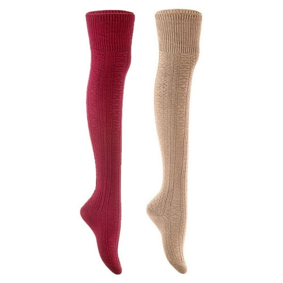 Lian Style Women's 2 Pairs Long Lasting, Colorful and Fancy Thigh High Over the Knee High Cotton Socks JMYP1025 Size 6-9 Wine, Beige