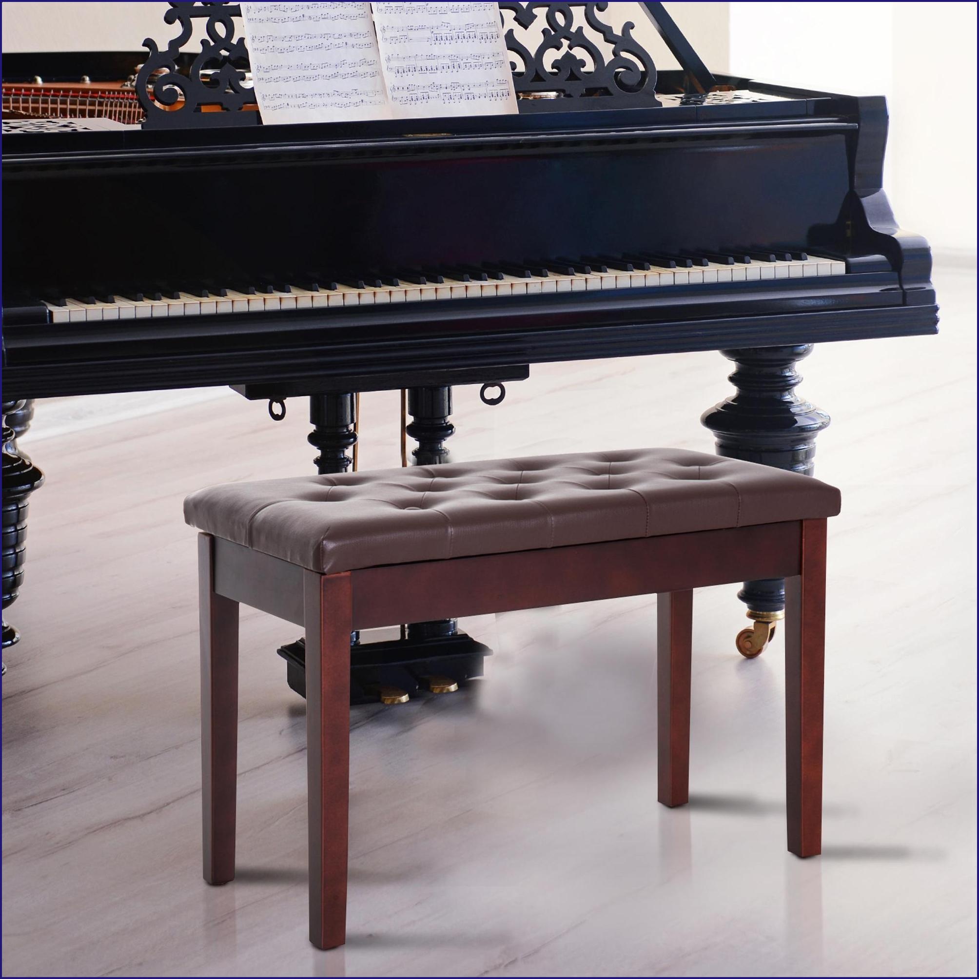 Piano Bench, Traditional Country Duet Seat with Tufted Faux Leather Cushion & Wooden Frame | Walnut Brown | Faux Leather
