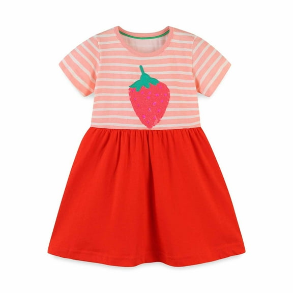 Toddler Girl Dresses 4t Short Sleeve Strawberry Sequin Sweet Casual Dress Summer 100% Cotton Little Girls Clothes Red 6 Years