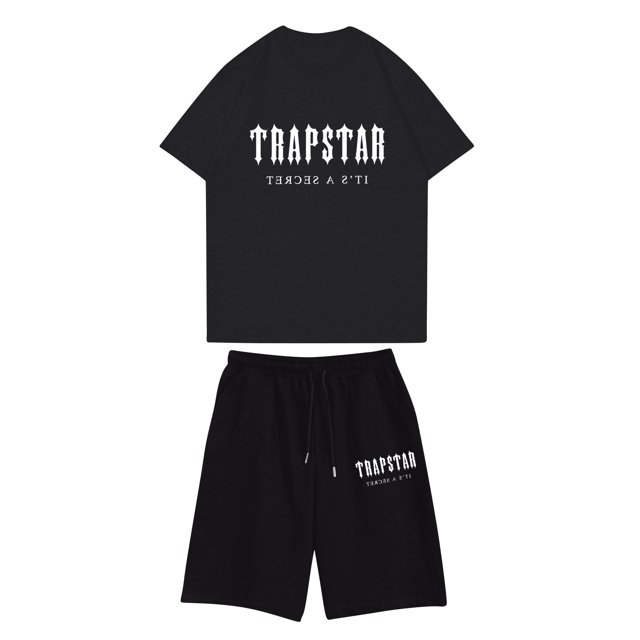Trends Womens 2 Piece Outfits Tshirts Set Trapstar Printed Short Sleeve T-shirts and Bermuda Shorts Loungewear Sweatsuit Oversized Lounge Sets Trapstar Womens Clothes(Black, M)