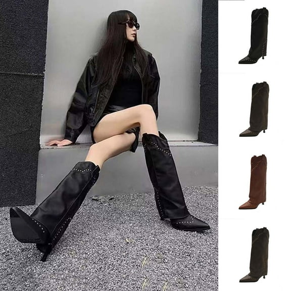 Wide Calf Boots for Women Fashion Casual Winter Kitten Heel Heel Boots Solid Color Pointy Toe High Heel Knee-High Boots