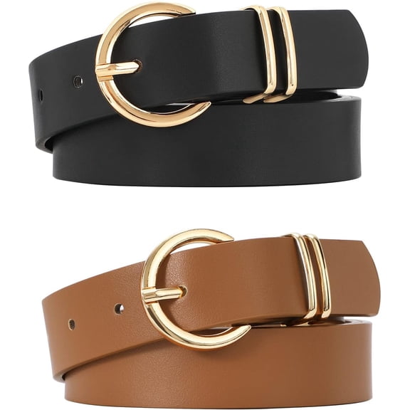 2 Pack Women's Leather Belts for Jeans Dresses Fashion Gold Buckle Ladies Belt