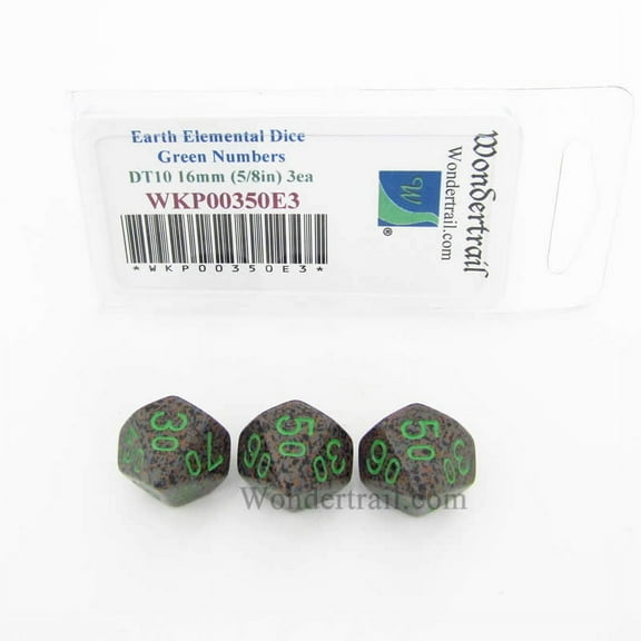 Earth Elemental Dice 16mm DT10 (Tens Ten Sided Dice) 3pc with Green Numbers