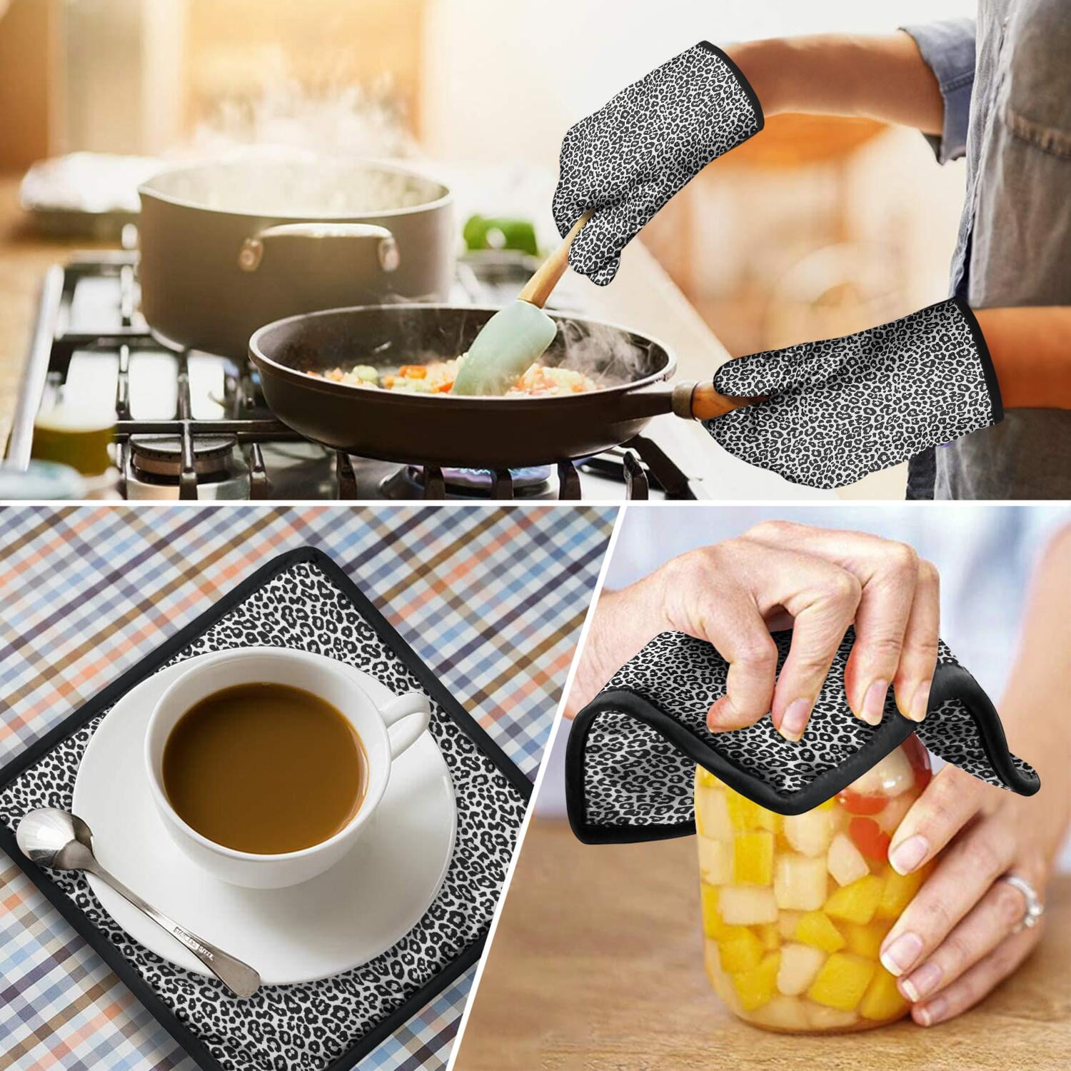 Leopard Print Oven Mitts and Pot Holders Set Of 4, Heat Resistant Kitchen Gloves with Non-Slip Grip, Hanging Loop, Soft Cotton Lining for Baking, Cooking, Grilling, Barbecue