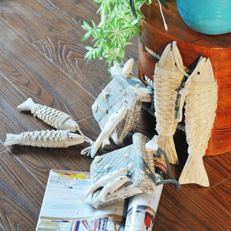 2 Pack Antique Hand Carved Wood Fish Sculpture Decor Ornament with