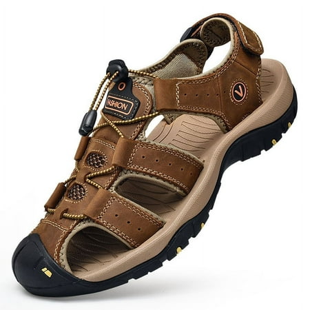Men s Vintage Leather Fisherman Sandals - Outdoor Closed Toe Sandal Shoes for Beach Hiking Fishing
