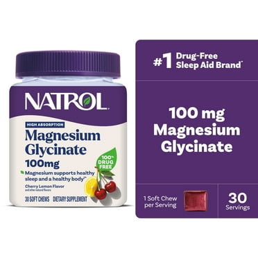 Natrol Magnesium Glycinate 100mg Cherry Lemon Soft Chews, High Absorption Magnesium Supplement for Healthy Sleep and Body, Up to a 30 Day Supply