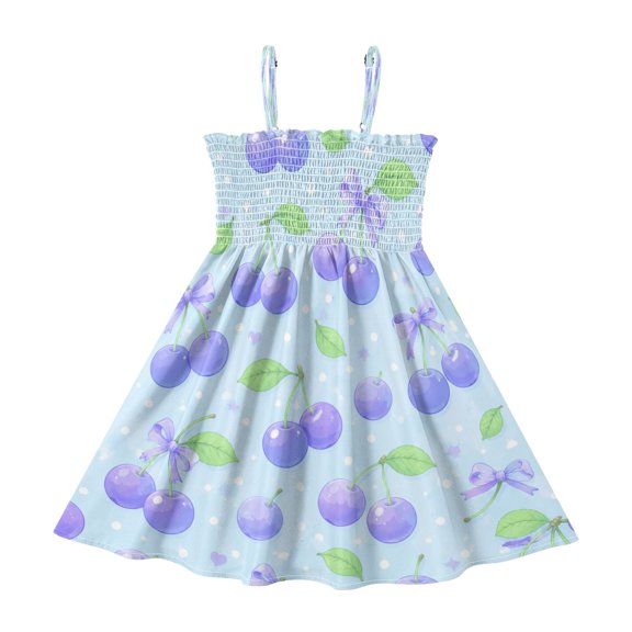 TTYFWHD Toddler Girls Spaghetti Strap Sundress, 100% Polyester Summer Casual Dress with Elastic Smocked Top, Soft Breathable Beach Dress for Girls 2T-8T Sweet Purple Cherries Pattern