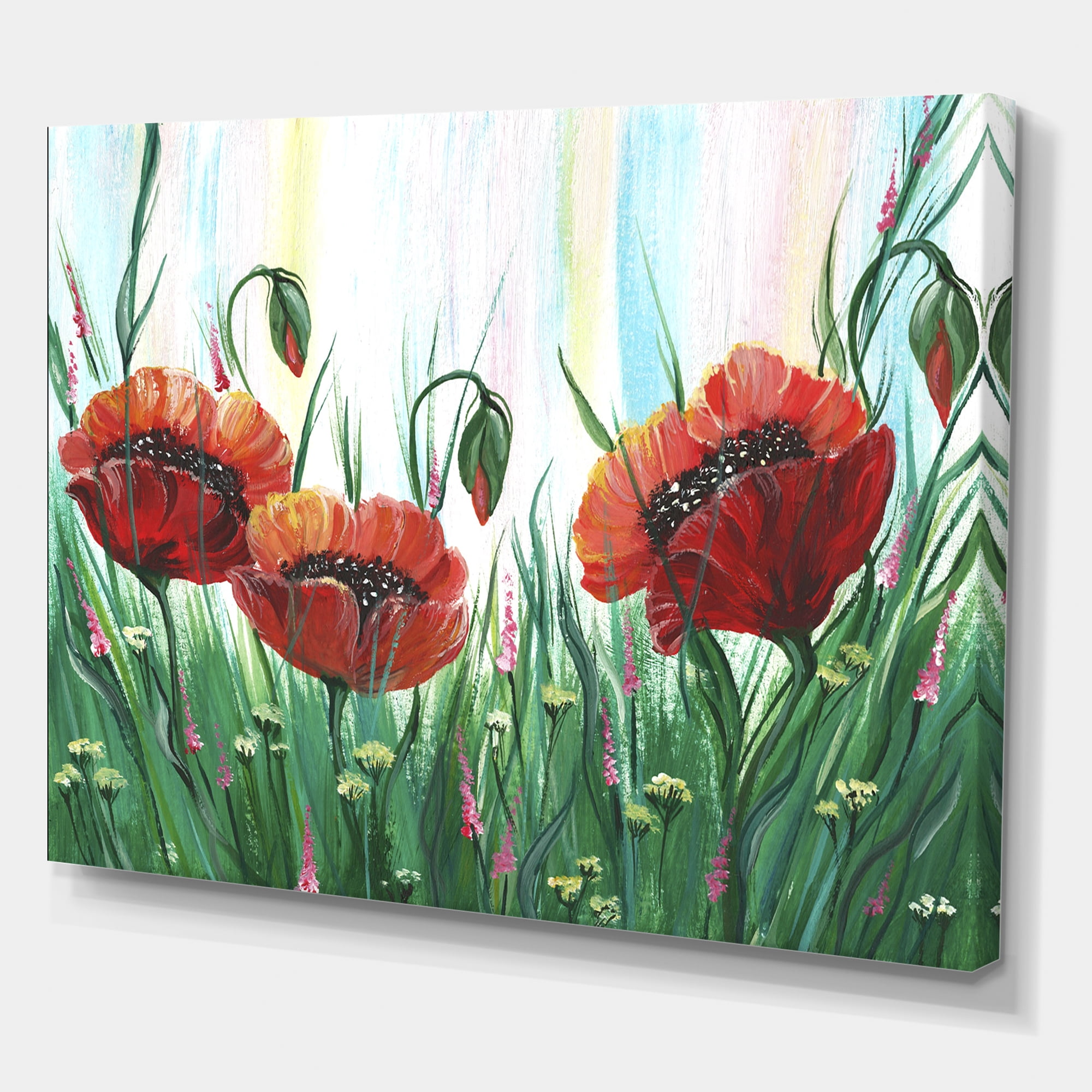 Designart ' Three Red Bright Poppy Flowers On A Green Meadow ' Traditional Canvas Wall Art Print
