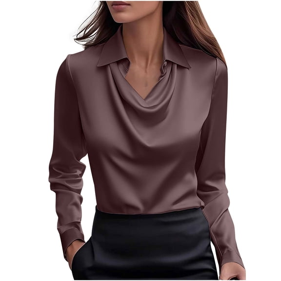 Satin Blouses for Women Cowl Neck Dressy Tops Turn Down Collar Shirt Long Sleeve Silk Tops Blusas De Satin Para Mujer Elegantes