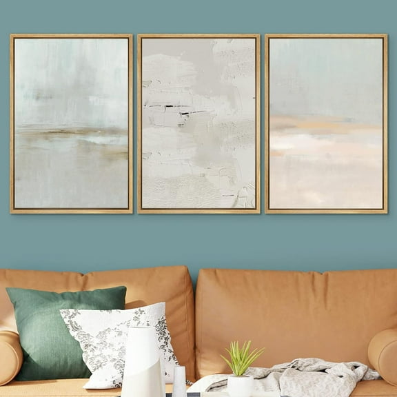 PixonSign Framed Wall Art Set Side of Pastel Grunge Watercolor Landscape Artwork Rocky Cozy Neutral Minimalism Contemporary Multicolor Graffiti Modern Prints for Home Decor - 24"x36"x3 Panels Natural