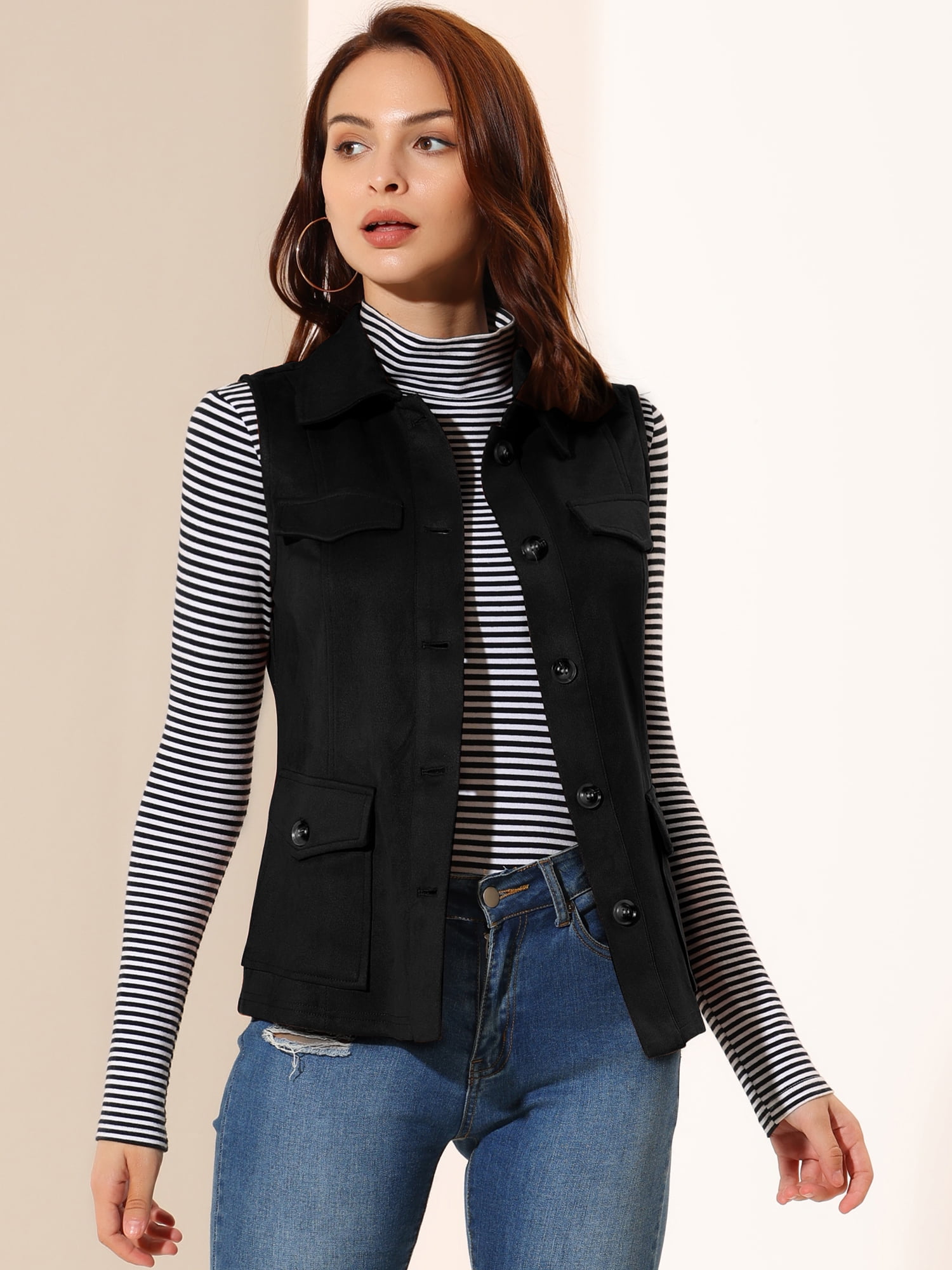 DARING DIVA Women's Rustic Button Up Utility Anorak Cargo Vest L Black