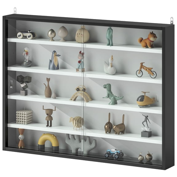5-Tier Glass Display Cabinet with Adjustable Shelves, Wall-Mounted Black & White Case