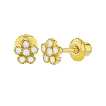 18k Gold Plated White Enamel Little Flower Screw Back Earrings Infants Girls