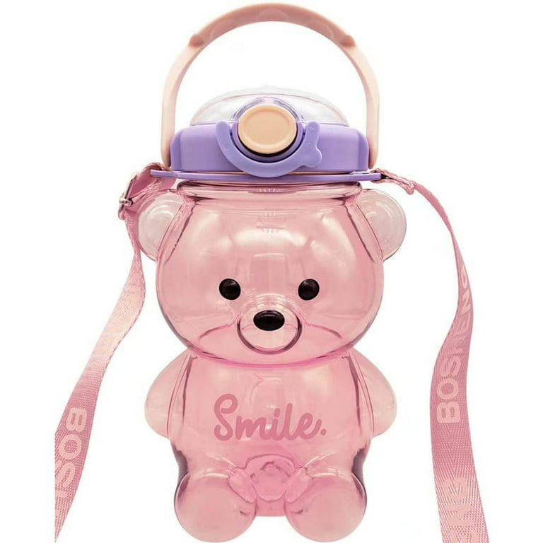 Cute Bear Water Bottle With Adjustable Shoulder Strap & Straw