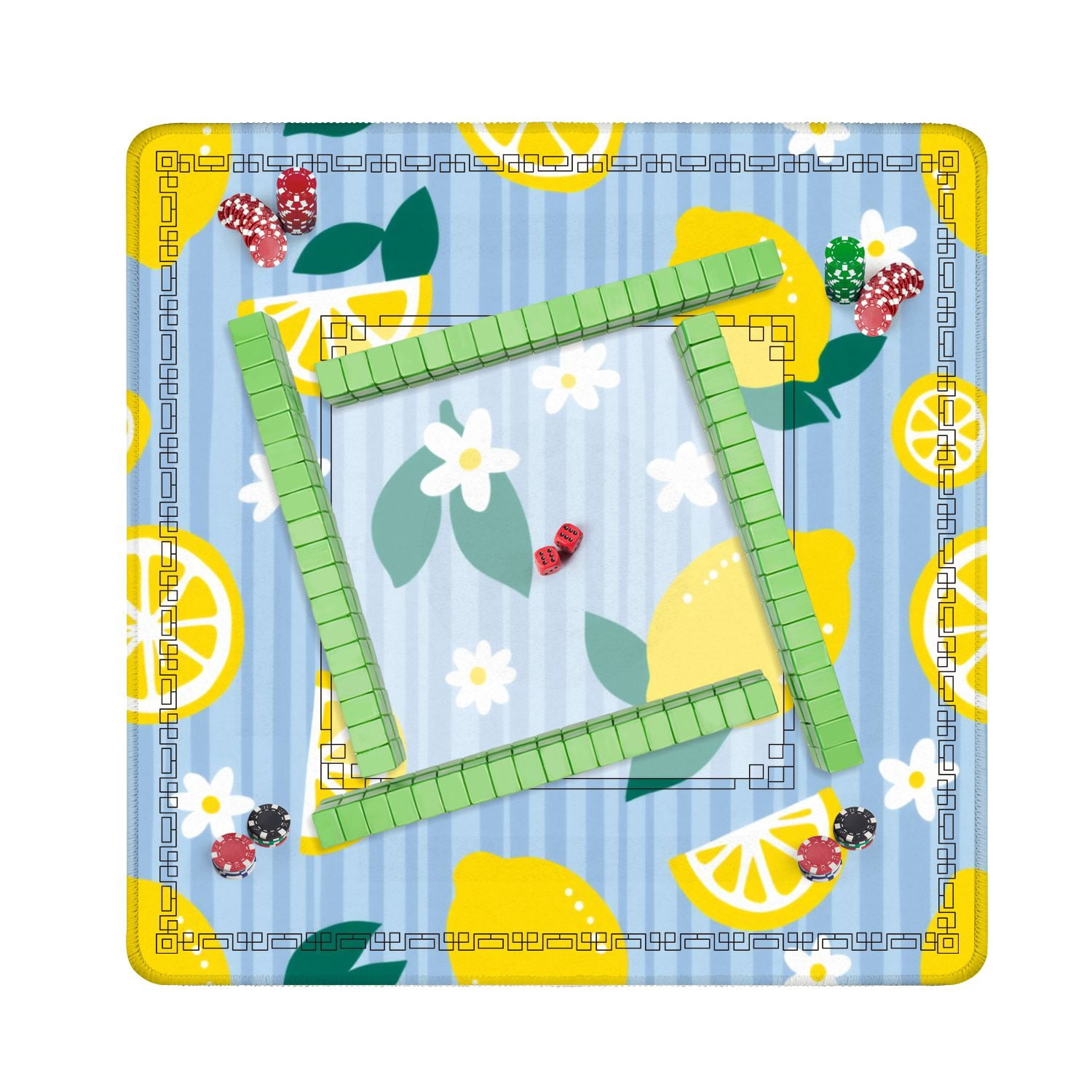 Mahjong Mat 31.5" x 31.5" Bright Lemon Yellow Fruits White Flowers Blue Striped Non-Slip Noise Reduction American Mahjong Tiles Table Cover for Dominoes Poker Card Board Games Gift