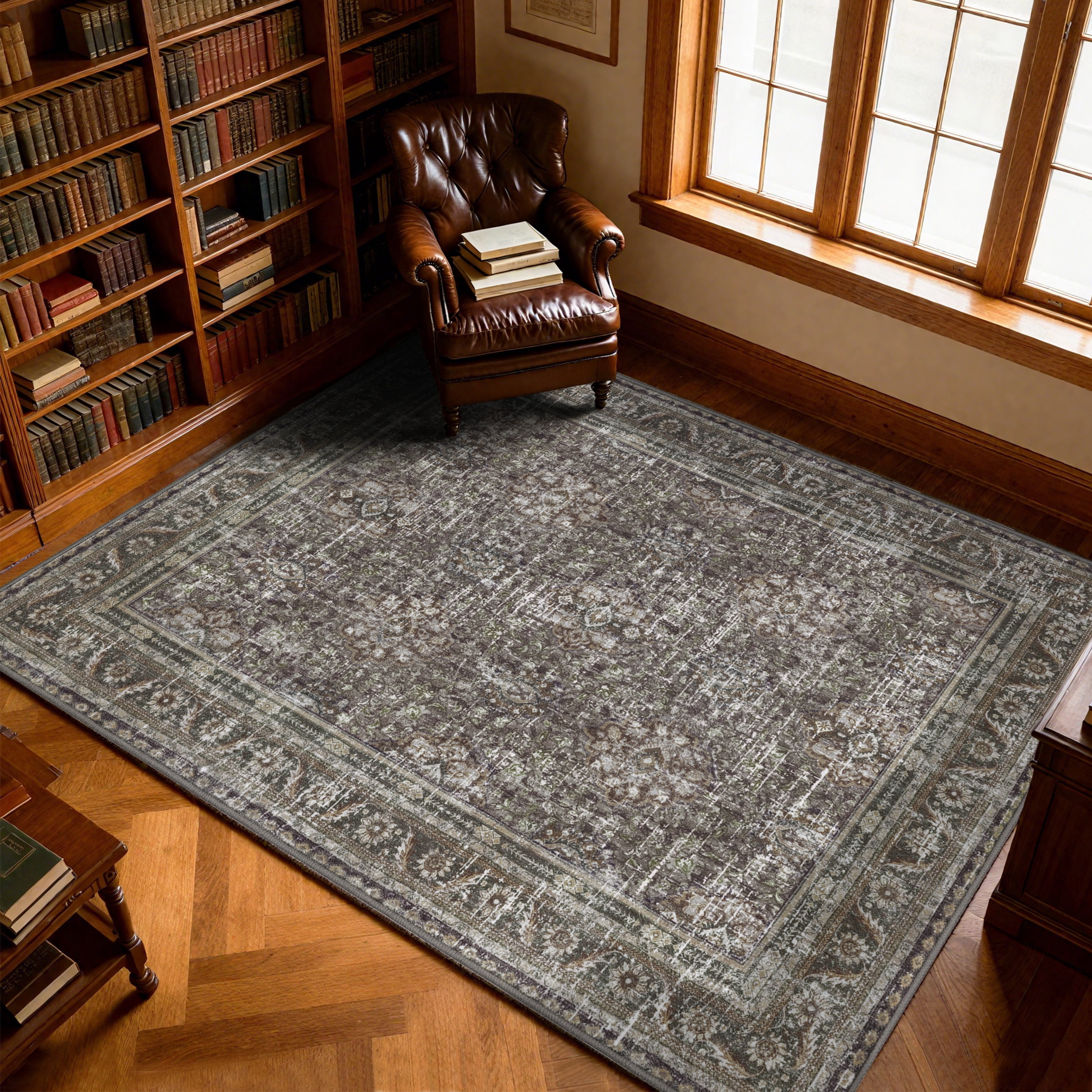 ARJINCUTE Distressed Vintage Traditional Farmhouse Gray Green Area Rugs 5'x8', Non-Slips Low Pile High Traffic Machine Washable