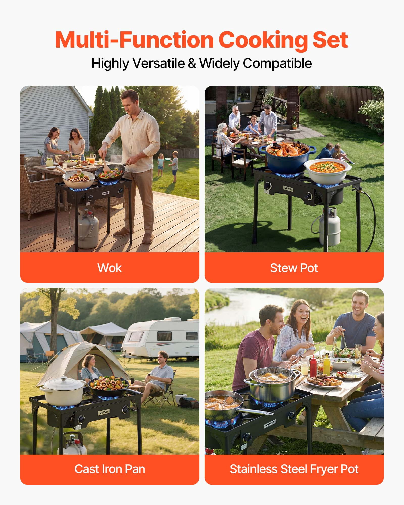 VEVOR 2 Burner Outdoor Propane Gas Stove, 150,000 BTU Propane LPG Gas Camping Stove, Heavy Duty Carbon Steel Outdoor Cooker, with Shield & Tall Stand & PSI Regulator, for BBQ Camp Home Patio Backyard