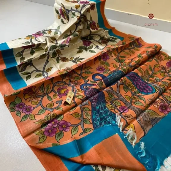 Off-White Pure Silk Hand Painted Kalamkari Saree
