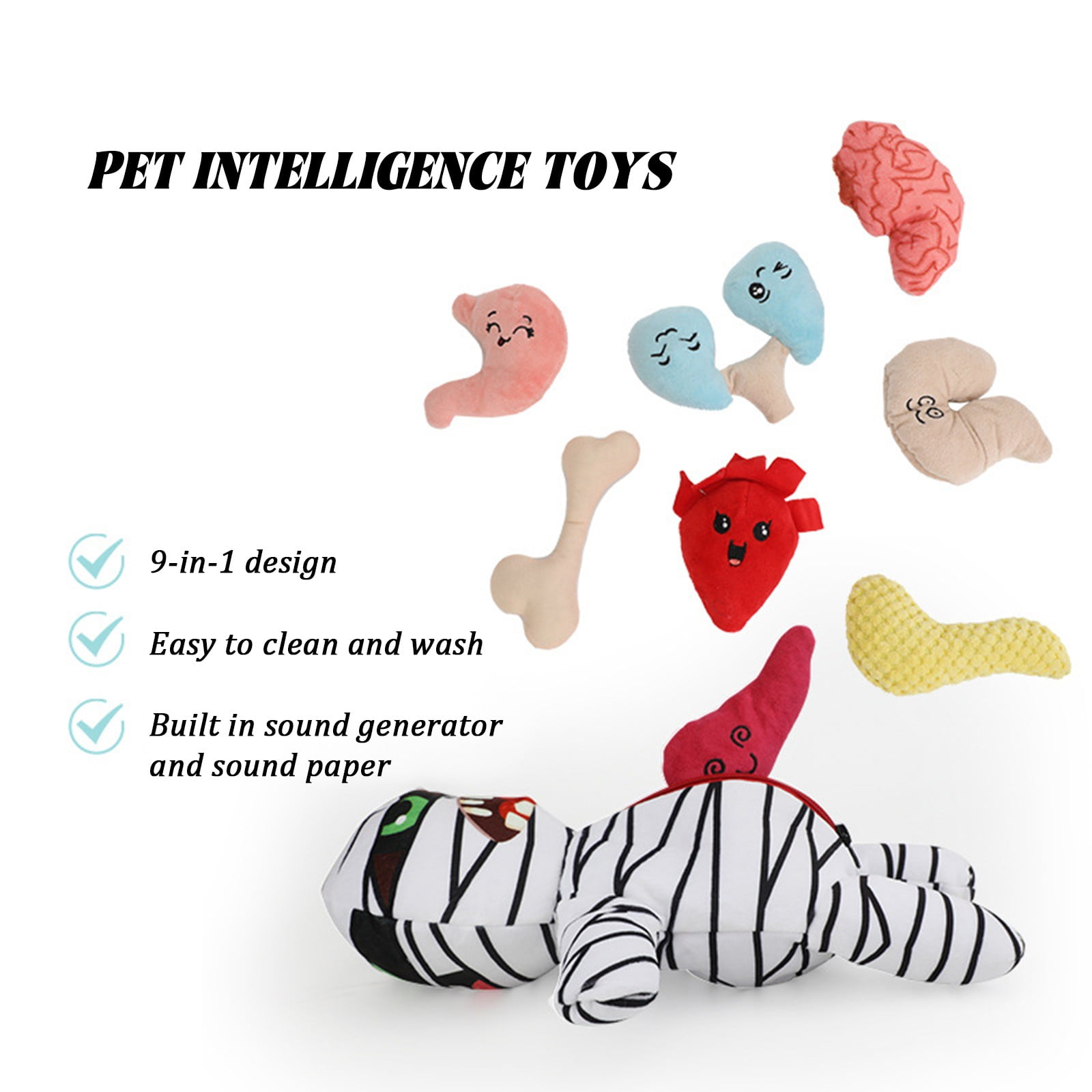 Squeaky Plush Dog Toys Set for Small Medium Dogs，9-in-1 Mummy with 8 Organ-Shaped Squeaking Playthings，Interactive Puppy Chew Toys for Teething and Anxiety Relief，Colour
