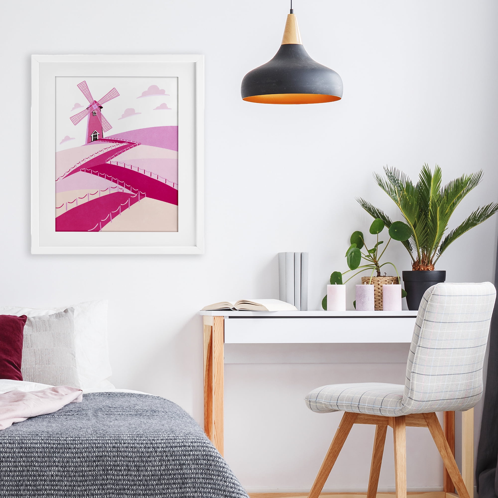 Pink Hills and Windmill White Framed Print Under Glass, design by Ziwei Li