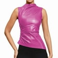 thumbnail image 3 of Women' Solid Mock Neck Sleeveless PU Leather Pleated Slim Fit Tank Top S, 3 of 9