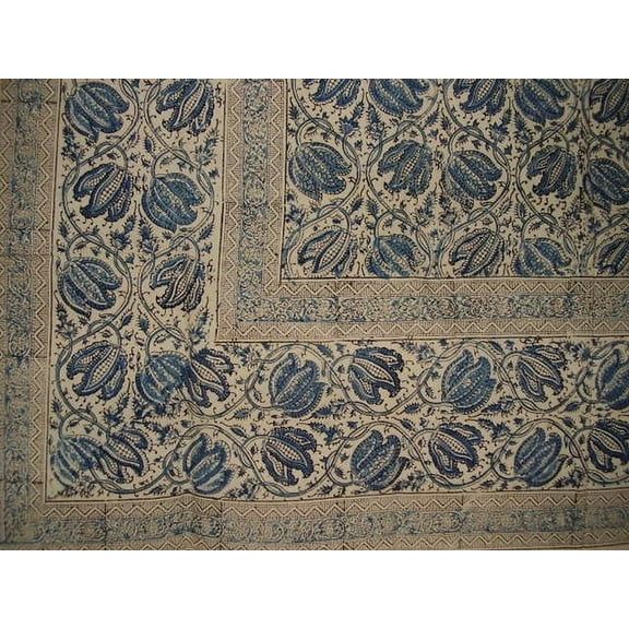 Veggie Dye Block Print Square Cotton Tablecloth 60" x 60" Blue