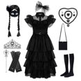 thumbnail image 1 of Vestido de miércoles Addams, disfraz de Cosplay para niños y niñas, vestidos negros de fiesta, collar y máscara, 1 of 3