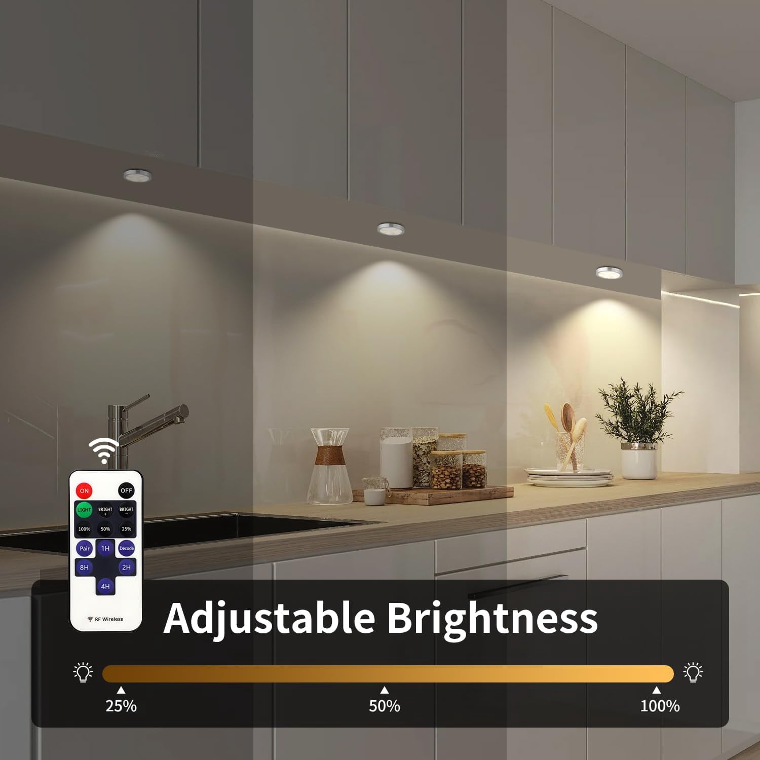 LED Cabinet Light with Remote Control – 10-Level Dimmable Under Cabinet Lighting, Slim Design, 12V Adapter, Wide Beam for Kitchen, Bookshelf, Showcase, Wine Cabinet, and Dresser, Set of 4,